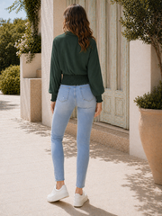 Made In Italy Wrap-front Flowy Cropped Top With Elastic Hem - Hunter Green