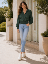 Made In Italy Wrap-front Flowy Cropped Top With Elastic Hem - Hunter Green