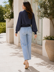Made In Italy Wrap-front Flowy Cropped Top With Elastic Hem - Navy