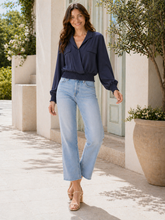 Made In Italy Wrap-front Flowy Cropped Top With Elastic Hem - Navy