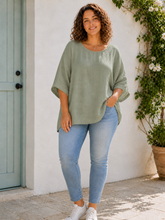 Plus Size Italian Ruched Detail Batwing Linen Top - Khaki
