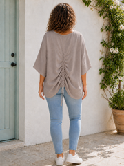 Plus Size Italian Ruched Detail Batwing Linen Top - Mocha