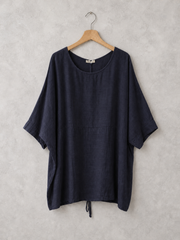 Plus Size Italian Ruched Detail Batwing Linen Top - Navy