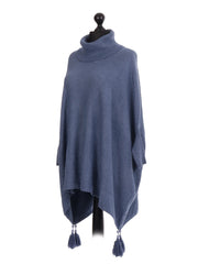 Italian Cowl Neck Batwing Tassels Poncho - Denim