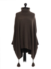 Italian Cowl Neck Batwing Tassels Poncho - Khaki
