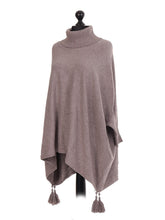Italian Cowl Neck Batwing Tassels Poncho - Mocha