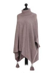Italian Cowl Neck Batwing Tassels Poncho - Mocha