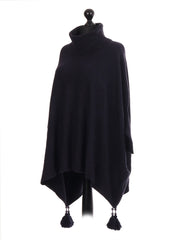 Italian Cowl Neck Batwing Tassels Poncho - Navy