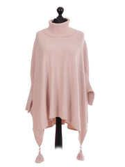 Italian Cowl Neck Batwing Tassels Poncho - Baby Pink