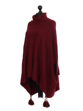 Italian Cowl Neck Batwing Tassels Poncho - Wine