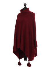 Italian Cowl Neck Batwing Tassels Poncho - Wine