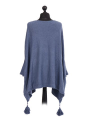 Italian Batwing Tassels Poncho - Denim