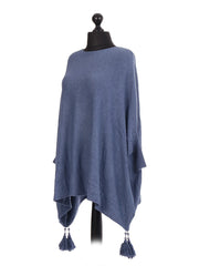 Italian Batwing Tassels Poncho - Denim