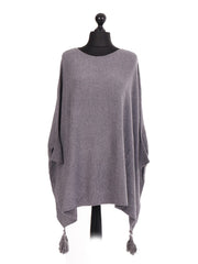 Italian Batwing Tassels Poncho - Grey