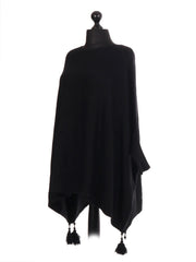 Italian Batwing Tassels Poncho - Black