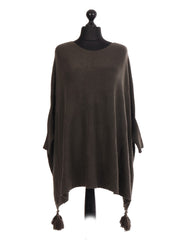 Italian Batwing Tassels Poncho - khaki