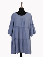 Italian Bell Sleeves Tiered Smock Top - Denim