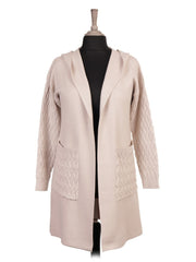 Italian Cable Knitted Hooded Coatigan With Pockets - Beige