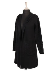 Italian Cable Knitted Hooded Coatigan With Pockets - Black