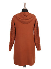 Italian Cable Knitted Hooded Coatigan With Pockets - Rust