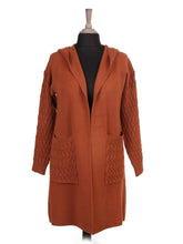 Italian Cable Knitted Hooded Coatigan With Pockets - Rust