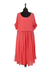Italian Cotton 2 Piece Flare Maxi Dress with Shrug Top - Coral