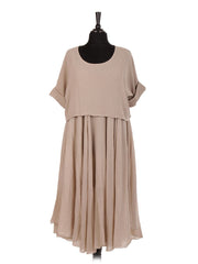 Italian Cotton 2 Piece Flare Maxi Dress with Shrug Top - Beige