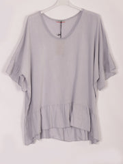 Italian Crochet Neck Linen Batwing Top - Light Grey