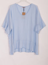 Italian Crochet Neck Linen Batwing Top - Ice Blue