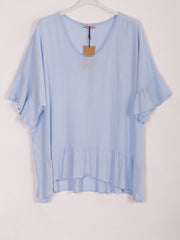Italian Crochet Neck Linen Batwing Top - Ice Blue