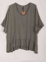 Italian Crochet Neck Linen Batwing Top - Khaki