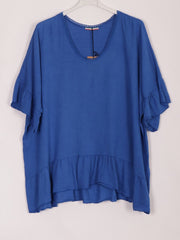 Italian Crochet Neck Linen Batwing Top - Royal Blue