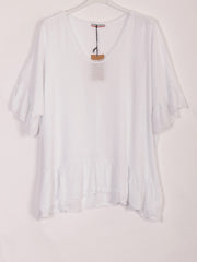 Italian Crochet Neck Linen Batwing Top - White