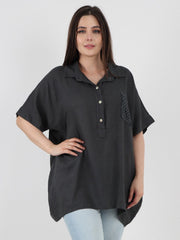 Italian Cut Work Pocket Detail Linen Blouse - Charcoal