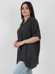 Italian Cut Work Pocket Detail Linen Blouse - Charcoal