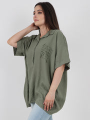 Italian Cut Work Pocket Detail Linen Blouse - Khaki