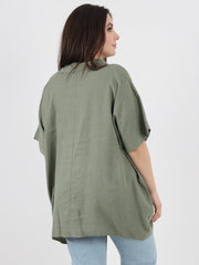 Italian Cut Work Pocket Detail Linen Blouse - Khaki