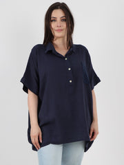 Italian Cut Work Pocket Detail Linen Blouse - Navy