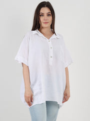 Italian Cut Work Pocket Detail Linen Blouse - White
