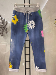 Italian Daisy Flower Print Cotton Trousers - Denim