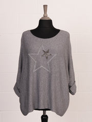 Italian Diamante And Embroidered Star Detail Knitted Top - Grey