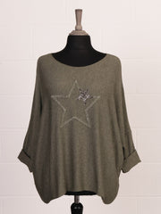 Italian Diamante And Embroidered Star Detail Knitted Top - Khaki