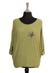 Italian Diamante And Embroidered Star Detail Knitted Top - Lime Green