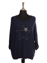Italian Diamante And Embroidered Star Detail Knitted Top - Navy