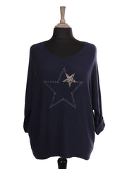Italian Diamante And Embroidered Star Detail Knitted Top - Navy