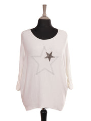 Italian Diamante And Embroidered Star Detail Knitted Top - White