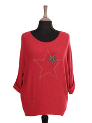 Italian Diamante And Embroidered Star Detail Knitted Top - Red