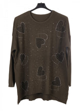 Italian Diamante Heart Detail Ribbed Knitted Jumper - Army Green