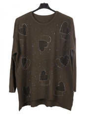 Italian Diamante Heart Detail Ribbed Knitted Jumper - Army Green