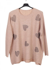 Italian Diamante Heart Detail Ribbed Knitted Jumper - Mocha